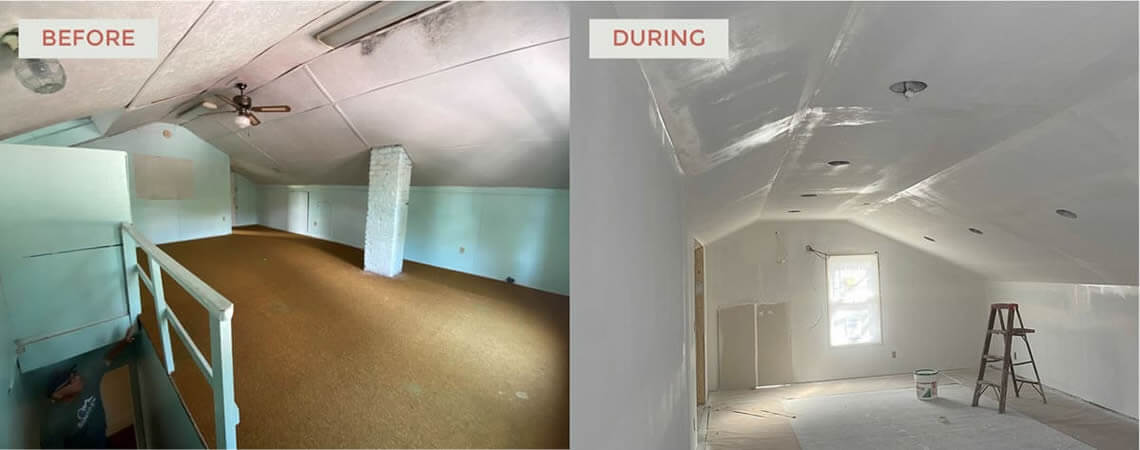 Before and during attic comparison of a 1920s bungalow transformation