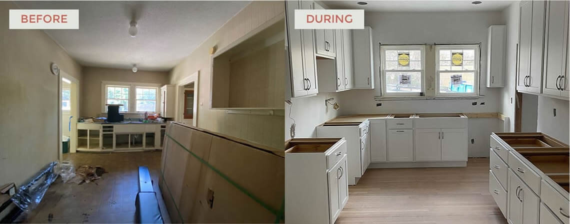 Before and during kitchen comparison of a 1920s bungalow transformation