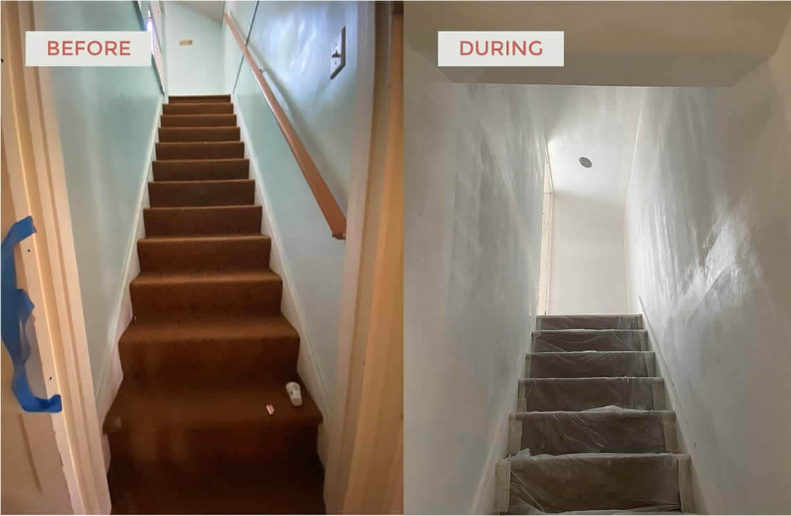 Before and during stairwell comparison of a 1920s bungalow transformation