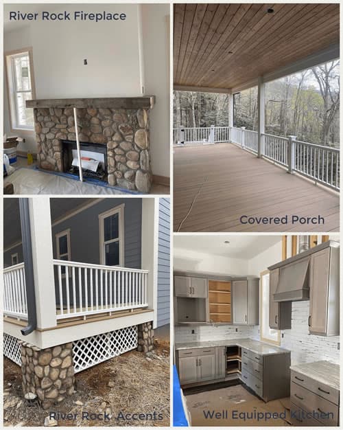 Collage of custom built classic cottage home in Montreat with wide front porch