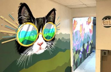 Mural of cartoon cat with big glasses on a wall.
